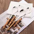 Axyaa Stainless Steel Bamboo Handle Spork Salad Server Fork Spoon Set