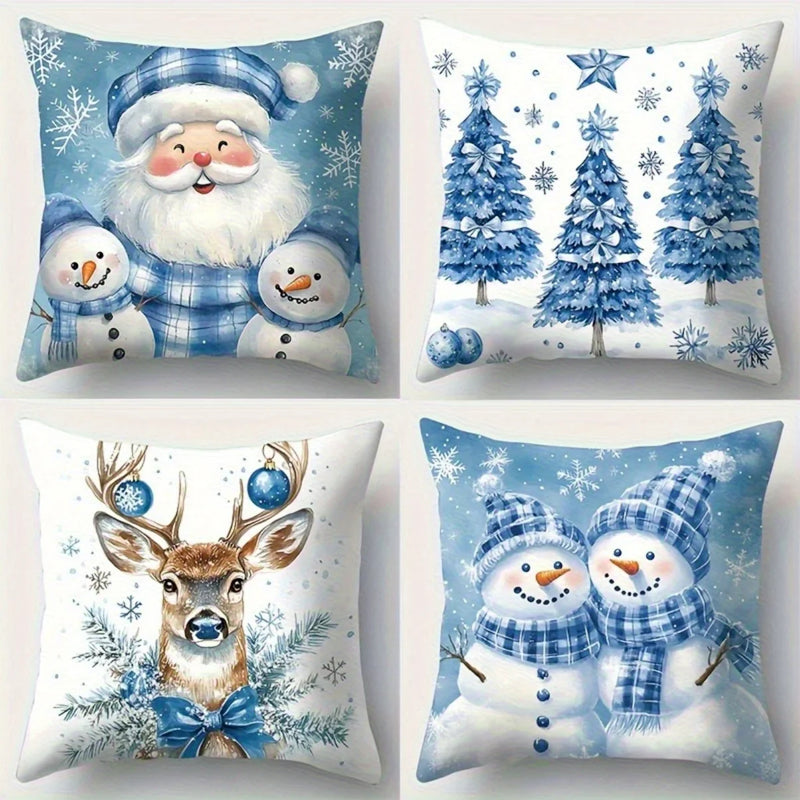 Axyaa Christmas Pillow Covers Set - Santa Claus, Snowman, Reindeer & Holiday Tree Designs