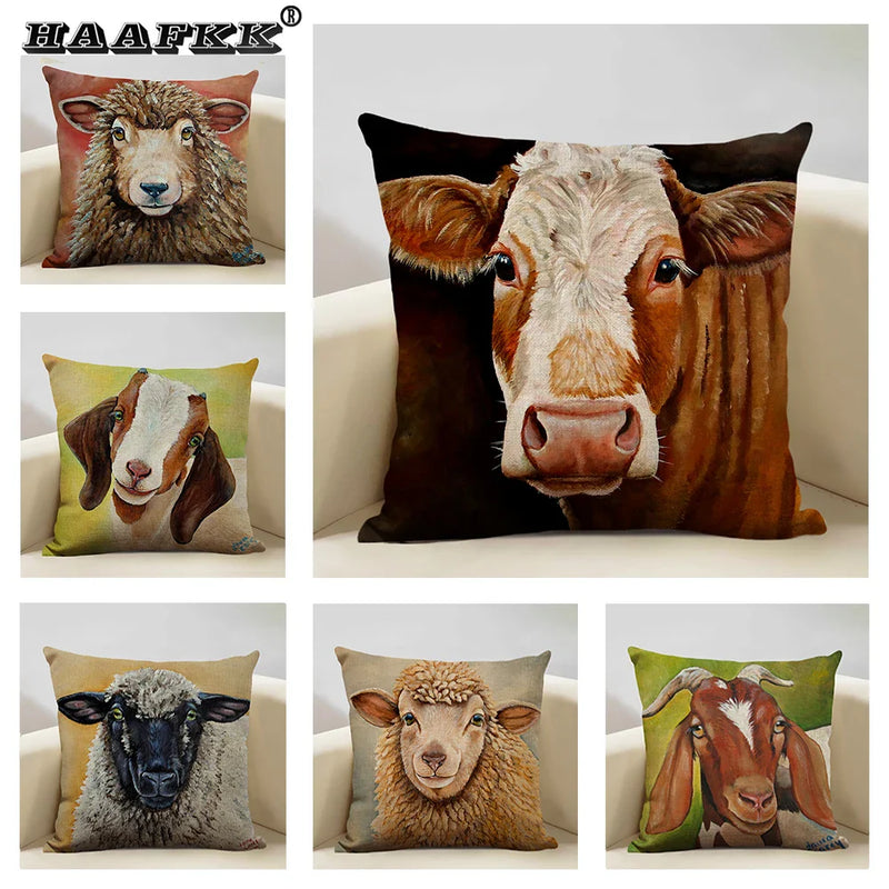 Axyaa Cattle and Sheep Cushion Cover for Home Decor - 45x45cm Linen Pillow