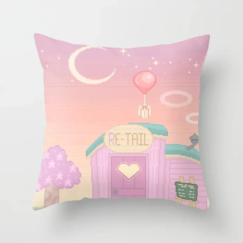 Pink Anime City Print Polyester Pillowcase 45x45cm for Bedroom Living Room by Axyaa.