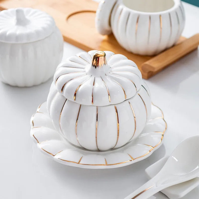 Axya Ceramic Pumpkin Cup Set with Gold Rim Cover and Spoon - Kitchen Supplies
