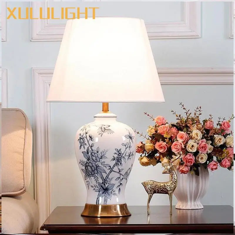 Axyaa Blue & White Porcelain Table Lamp for Home Decor - Classic Retro Style