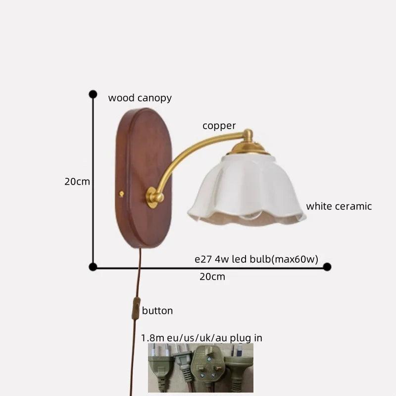 Axyaa Japanese Style LED Wall Lights Copper Wood Bedside Lamp