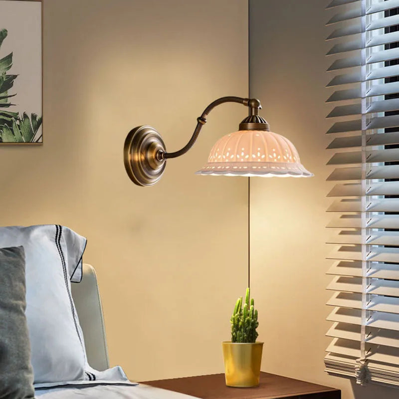 Axyaa White Ceramic Wall Light with E27 Bulb, Old Brass Finish
