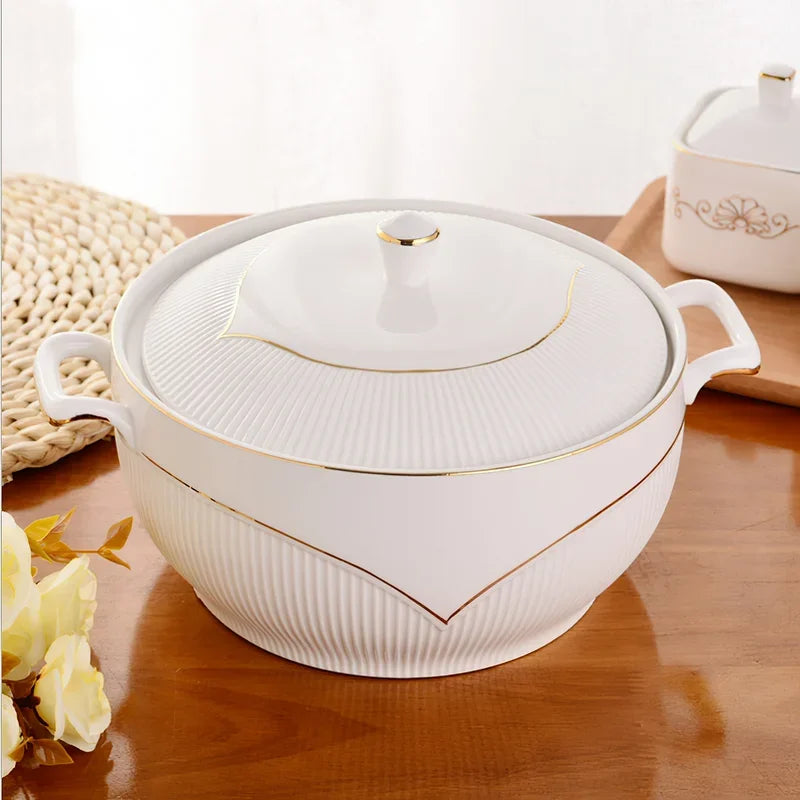 Axya Nordic White Ceramic Soup Pot with Lid, 2.6L Large Bowl