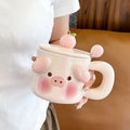 Axyaa Kawaii Big Ears Ceramic Mug with Lid, Spoon | Cartoon Cute Girl Coffee Cup
