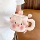 Axyaa Kawaii Big Ears Ceramic Mug with Lid, Spoon | Cartoon Cute Girl Coffee Cup