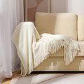 Axyaa Bohemian Knit Blanket with Fringe – Solid Color Acrylic Office Nap Bed Cover