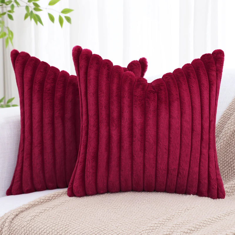 Axyaa 16x16 Faux Fur Striped Pillow Covers 2pcs - Soft Plush Velvet Back