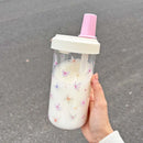 Axyaa Kawaii Bow Plastic Water Bottle with Straw - Summer Bubble Tea Cup