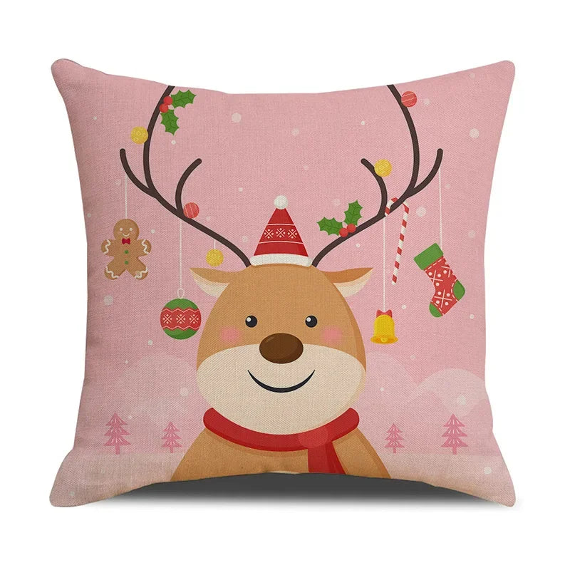 Christmas Cartoon Pillowcase | Deer & Bear Print | Linen Cushion Cover | Axyaa Brand