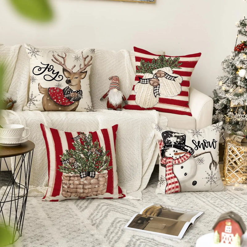 Winter Holiday Throw Pillow Covers by Axyaa: Snowman Reindeer Gloves Eucalyptus Red Stripes
