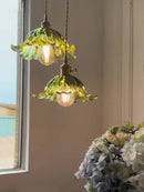 Axyaa Vintage Floral Glass Pendant Lamp with Handblown Lampshade—Brass or Wood Fixture