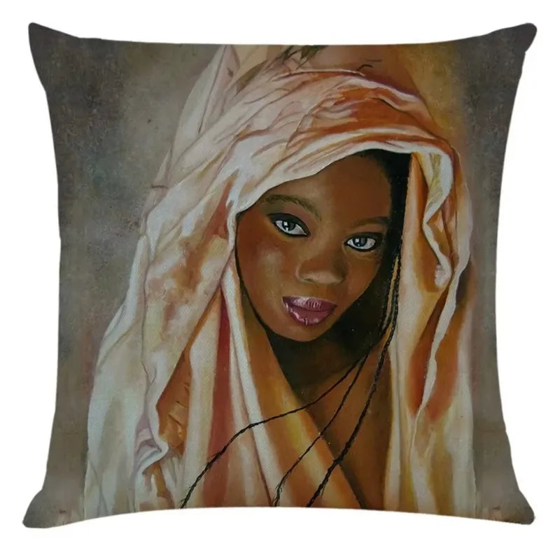 Axyaa African Women Style Linen Pillow Cover 45x45cm