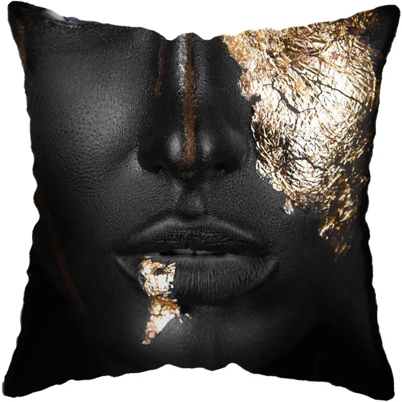 Axyaa Black Gold African Lady Woman Art Deco Pillowcase