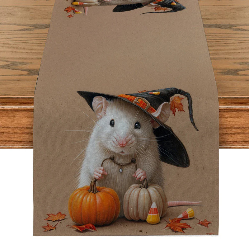 Axyaa Halloween Mouse Pumpkin Wizard Hat Table Runner