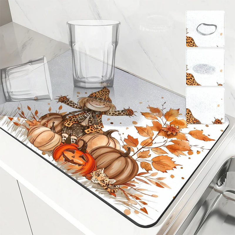 Axyaa Watercolor Pumpkin Draining Mat for Kitchen and Bathroom