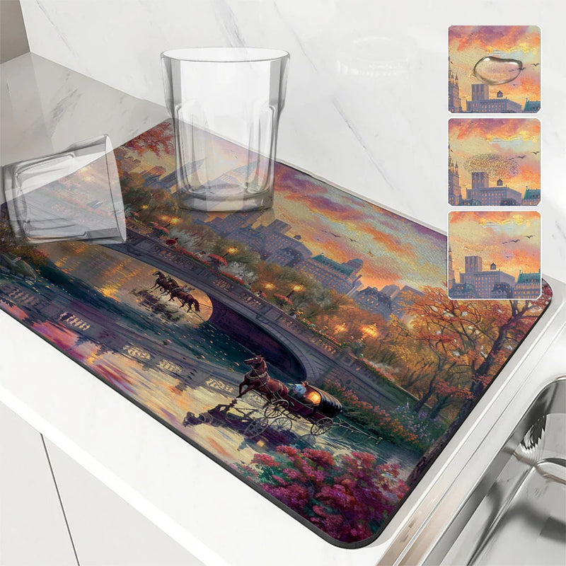 Axyaa Cityscape Absorbent Kitchen Mat - Antiskid & Quick Dry Dish Drying Pad