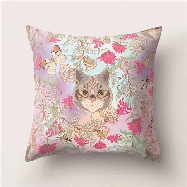 Tropical Cactus Flower Cat Print Pillow Cover 45X45CM for Home Sofa Chair