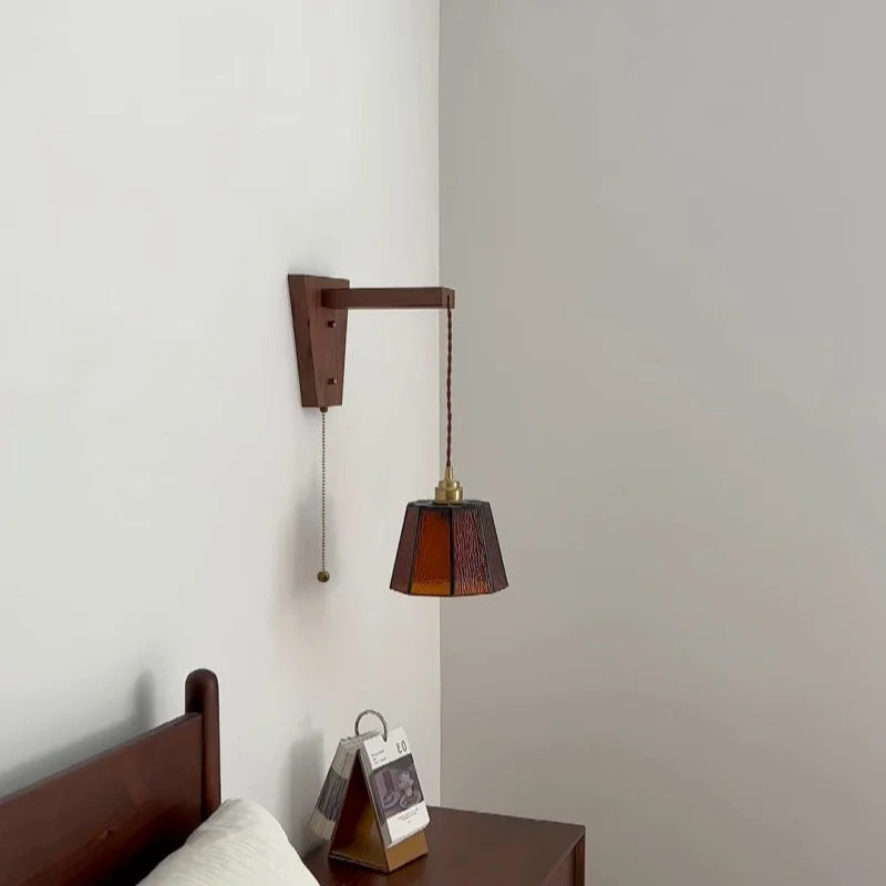 Axyaa Nordic Glass Walnut LED Wall Lights with Pull Chain Switch for Bedroom