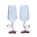 Axyaa Red Love Heart Base Glass Wedding Goblets - Pair Champagne Couple Ring Decor.