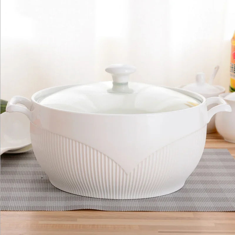 Axya Nordic White Ceramic Soup Pot with Lid, 2.6L Large Bowl