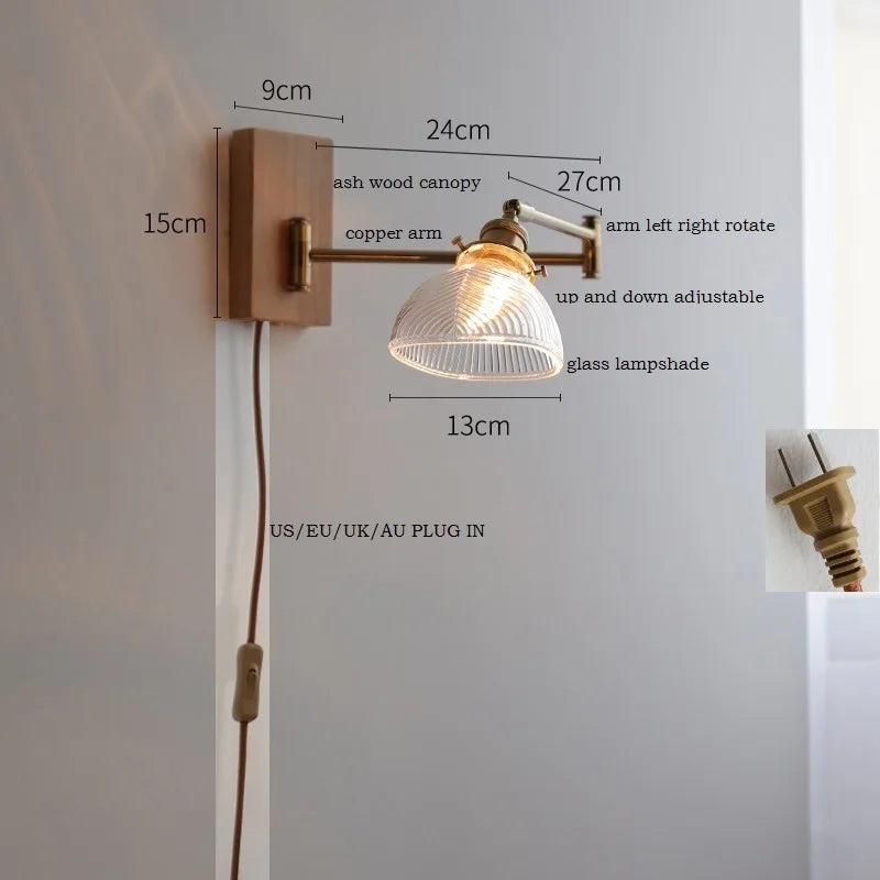 Axyaa Clear Glass Copper LED Wall Lights with Pull Chain Switch for Bedroom and Living Room