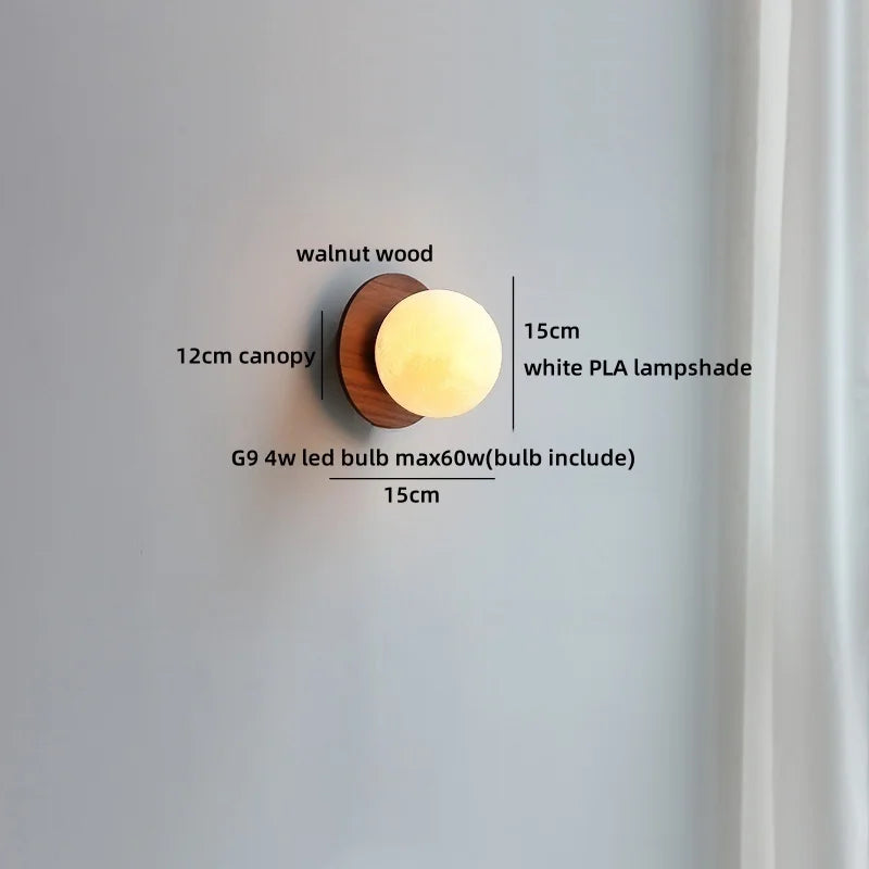 Axyaa Nordic LED Walnut Wood Glass Ball Wall Sconce with Pull Chain Switch