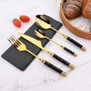 Axyaa Gold Ceramic Dinnerware Set with Stainless Steel Flatware & Cutlery in Luxe Storage Rack
