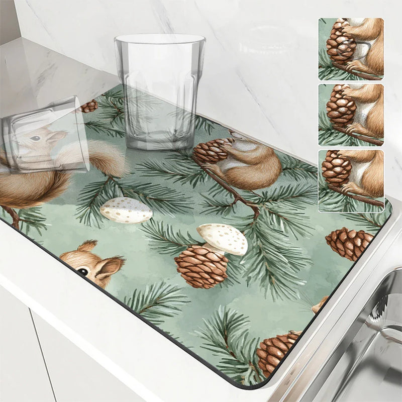 Axyaa Christmas Squirrel Kitchen Dish Mat - Absorbent Anti-slip Drying Pad