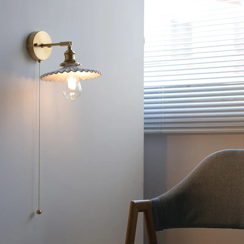 Axyaa Ceramic LED Wall Lamp: Japan Style Gold Brass Arm, Up Down Rotate