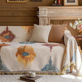 Axyaa Retro Oil Painting Design Sofa Cover with Tassels for Home Decor