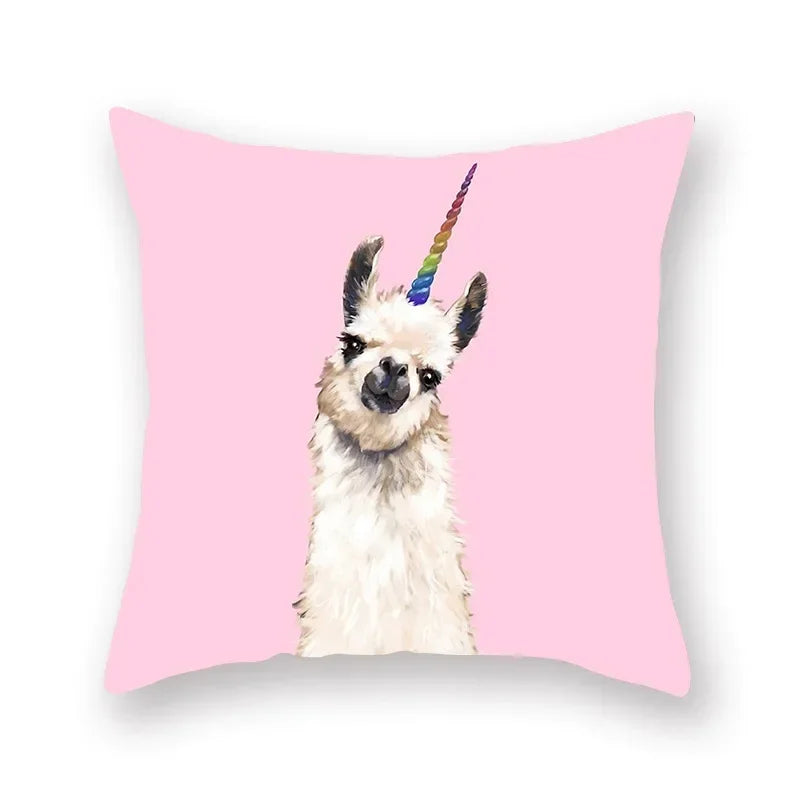 Floral Animal Painting Pillowcase Pink Cat Dog Llama Sofa Cushion Cover Home Decor