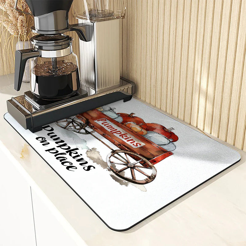 Drying Mat for Fall Vibes: Autumn Truck & Pumpkin Non-Slip Absorbent Mat by Axyaa