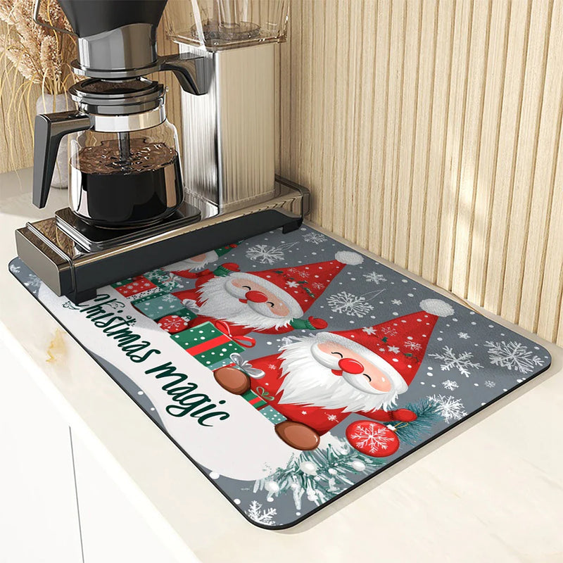 Axyaa Snowflake Fir Kitchen Mat: Absorbent, Antiskid, Quick Drain Pad for Tableware & Dishes
