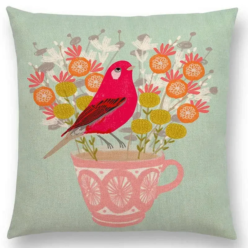 Axyaa Bird-Floral Teacup & Lepidoptera Cushion Cover for Decor & Sofa