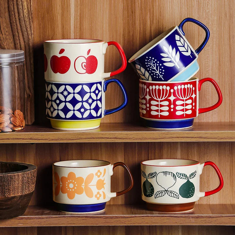 Axya Retro Japanese Flower Ceramic Coffee Mug Set 300ml