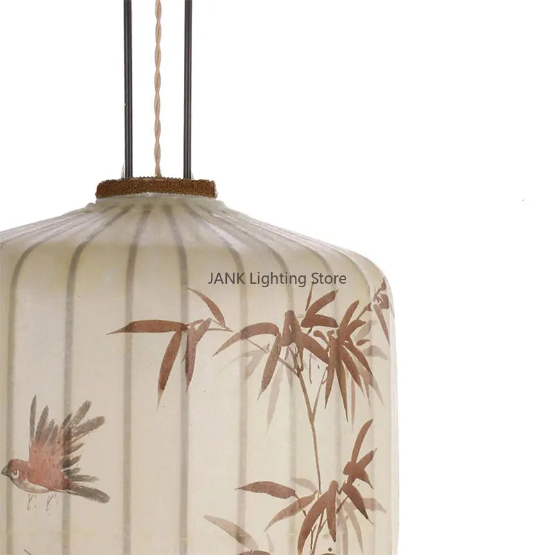 Axyaa Bamboo Leaf Pattern Lantern Pendent Lamp - Hand-painted Japanese Fabric Design