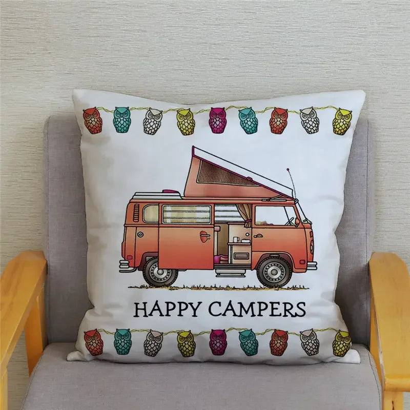 Happy Campers Owl Motorhome Print Pillow Case by Axyaa