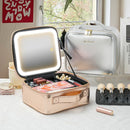 Axyaa Lighted Mirror Makeup Case with Partitions, Waterproof Train Organizer, 3 Brightness Settings