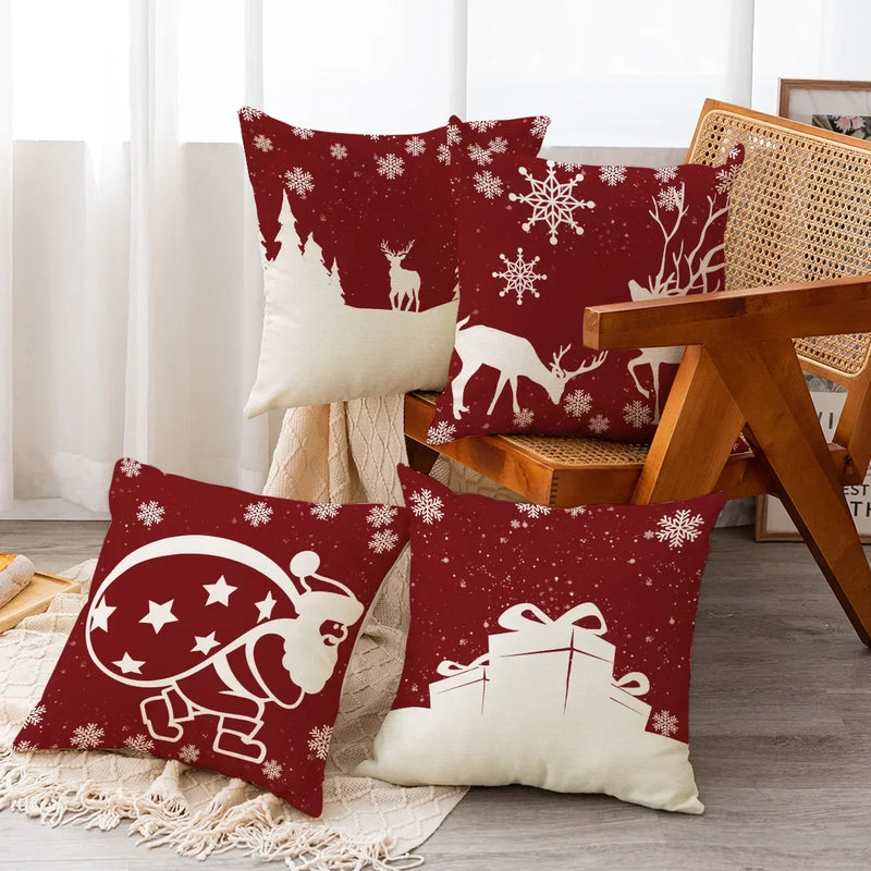 Axyaa Christmas Linen Print Throw Pillow Cover for Home Sofa, Living Room and Bedroom