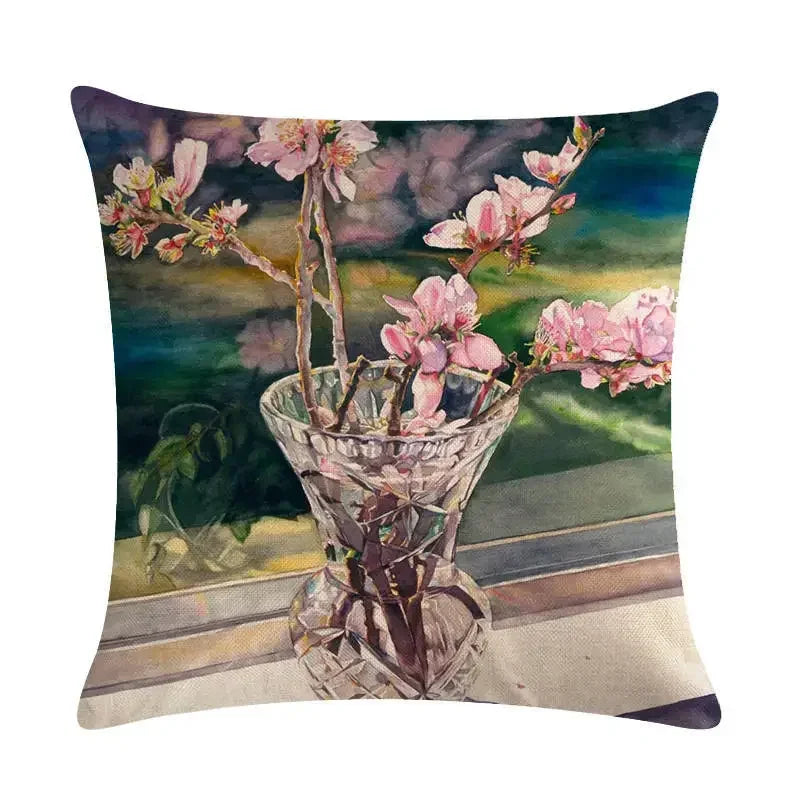 Axyaa Bouquet Cushion Cover 45*45cm - Stylish Art Flowers Flax Pillow