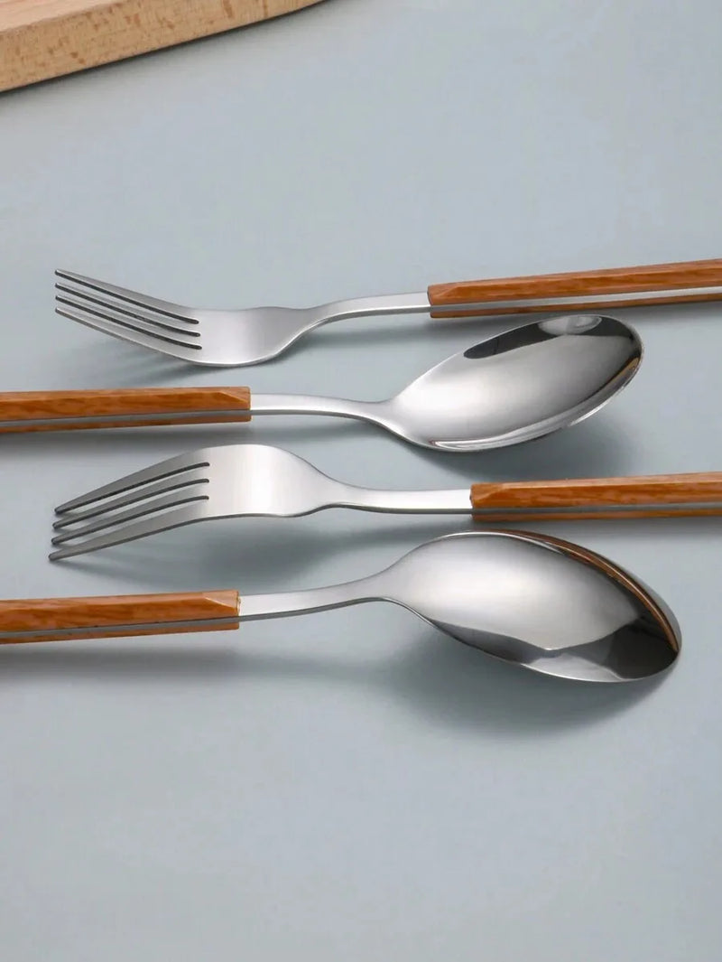 Axyaa 12-Piece Stainless Steel Cutlery Set with Imitation Wood Handle