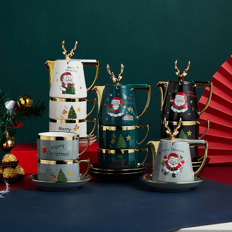 Axya Ceramic Elk Teapot Mug Set - Festive Home Gift for Christmas & New Year