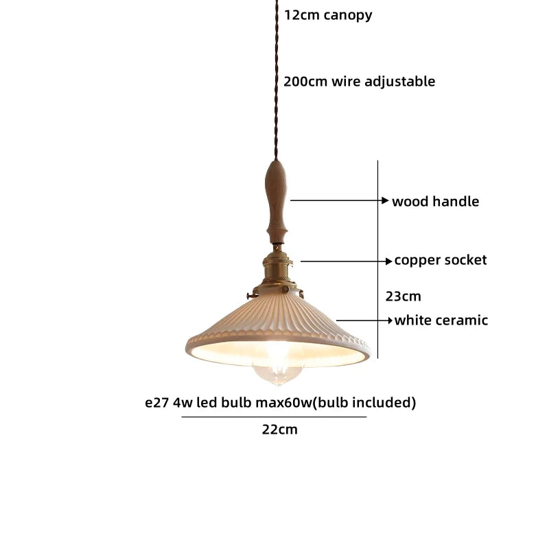 Axyaa Ceramic Pendant Light Wood White LED Lamp for Living Room & Cafe