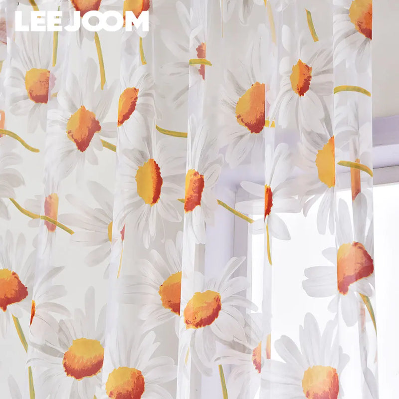 Axyaa White Daisy Sheer Window Curtain Drape for Living Room Floral Home Decor
