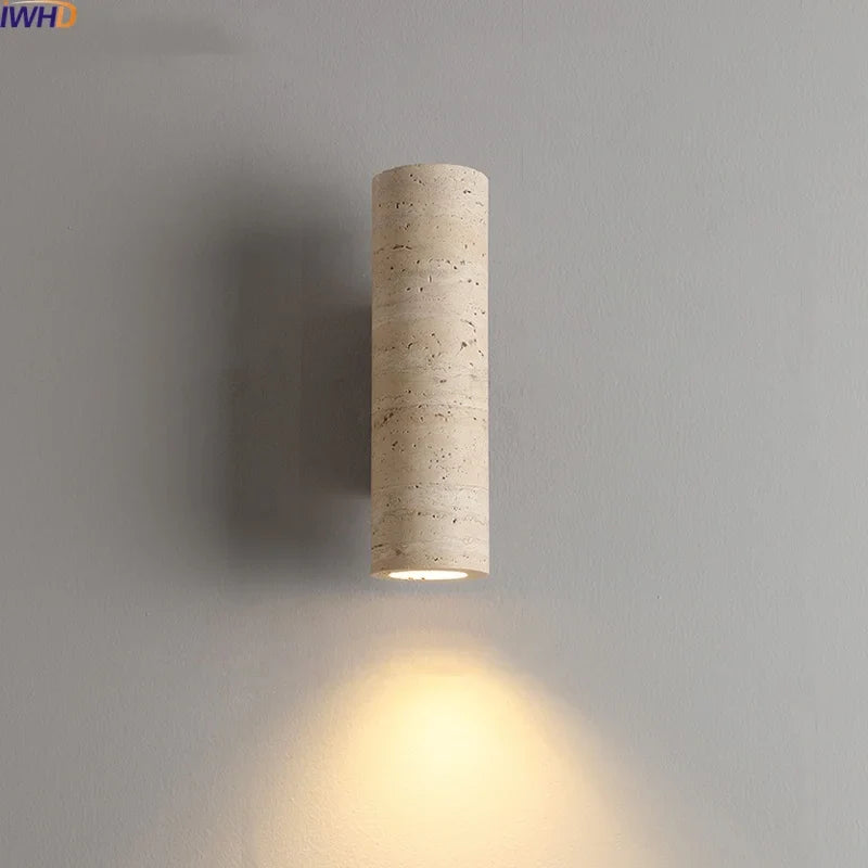 Axyaa Round Yellow Travertine LED Wall Lamp Indoor Decor Stone Wood Stair Light