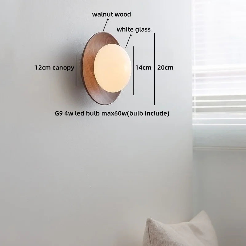 Axyaa White Glass Ball LED Wall Lamps With Switch - Modern Wooden Stair Light Fixtures.