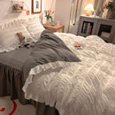 Axyaa Pink Grey Ruffled Seersucker Duvet Set with Bed Skirt & Pillowcases