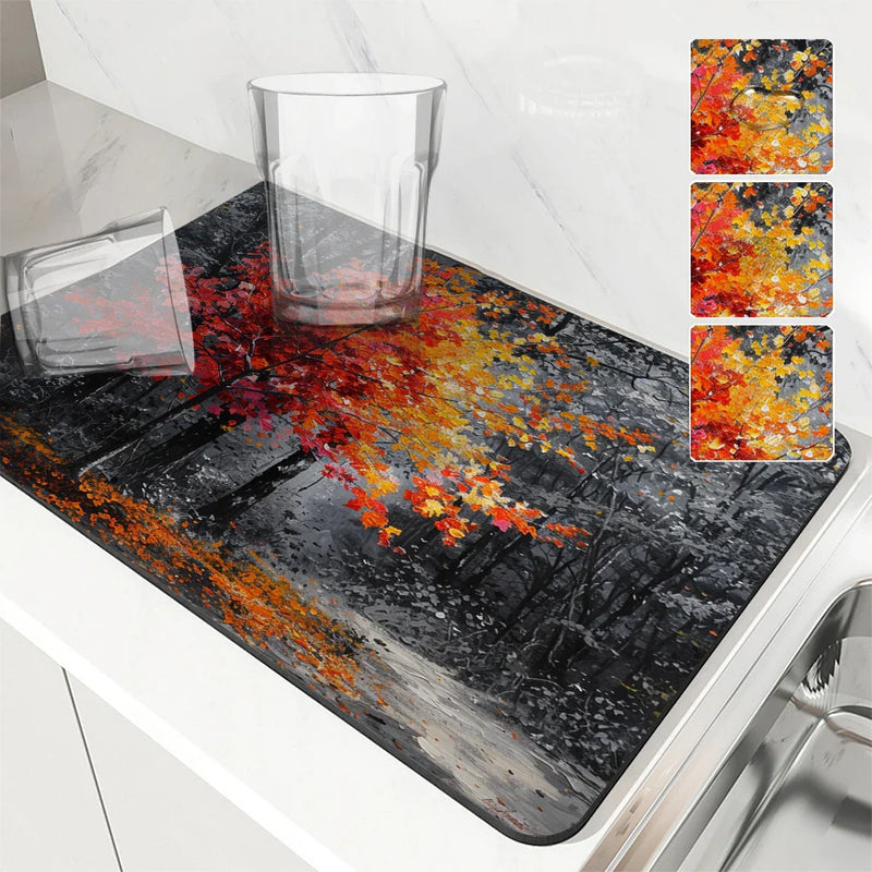 Axyaa Autumn Scenery Drain Pad: Absorbent & Anti-slip Dry Mat for Dishes & Cups